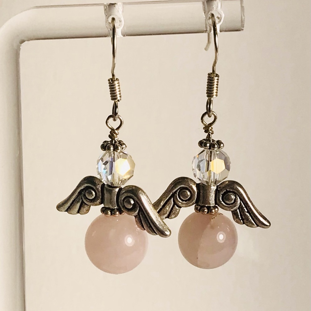 Handcrafted rose quartz and Crystal angel earrings